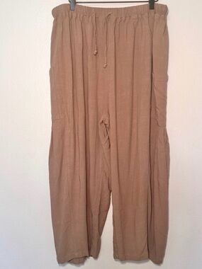 TARSE Linen Blend Wide Leg Cropped Pants XL Taupe Elastic Waist Lounge
